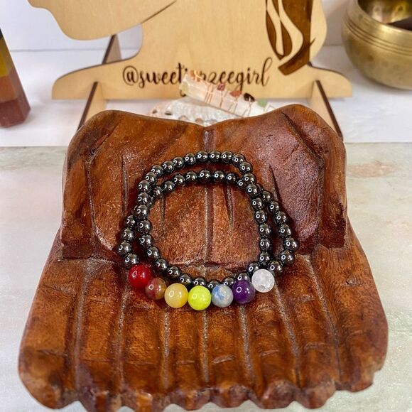 Handmade Hematite Rainbow Chakra Mixed Gemstone Bead Bracelet Set of 2 - Picture 7 of 7